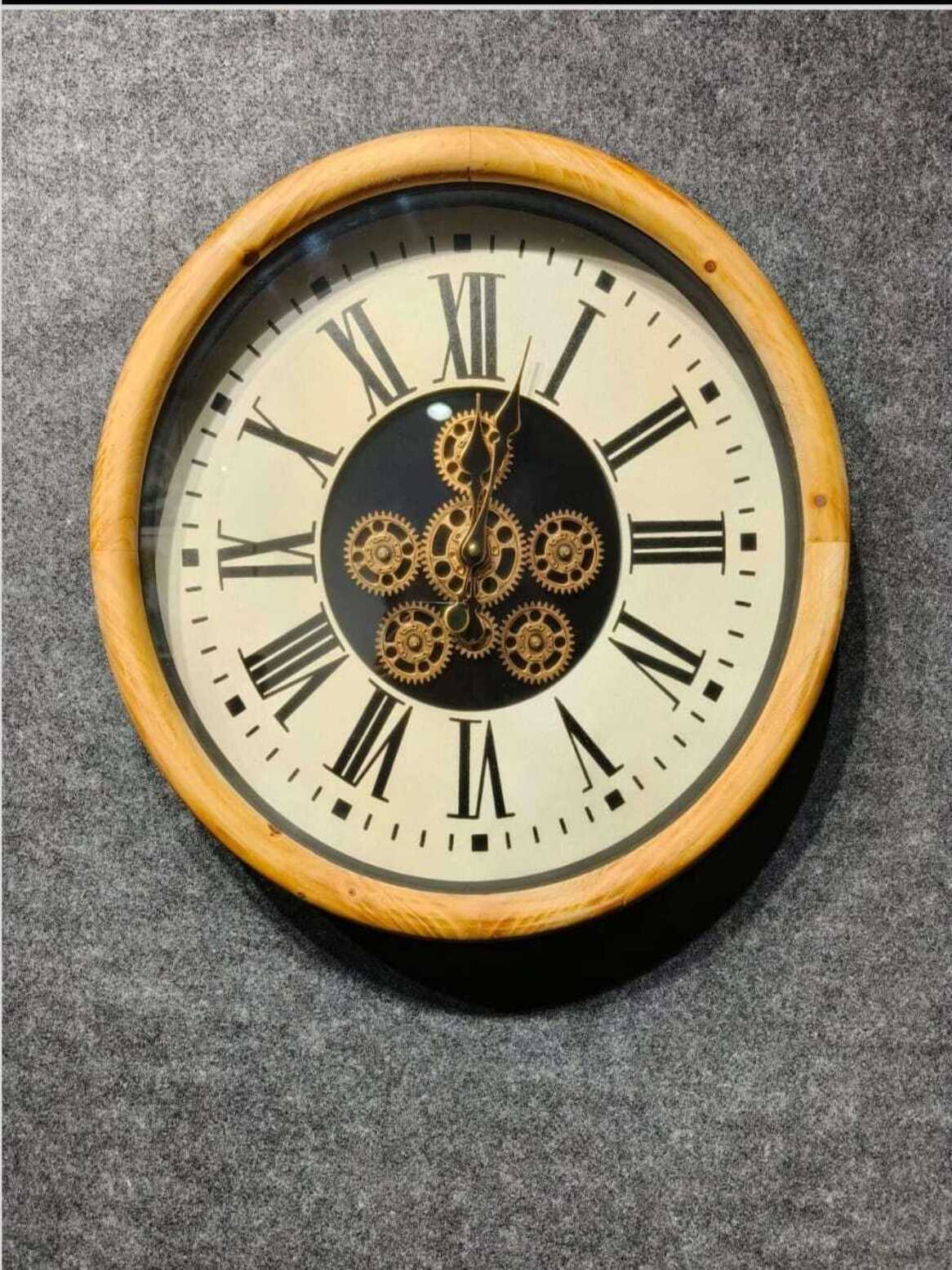 Metal Gear Wall Clocks Natural Wood & Black Moving Gear Roman Numeral Wall Clocks