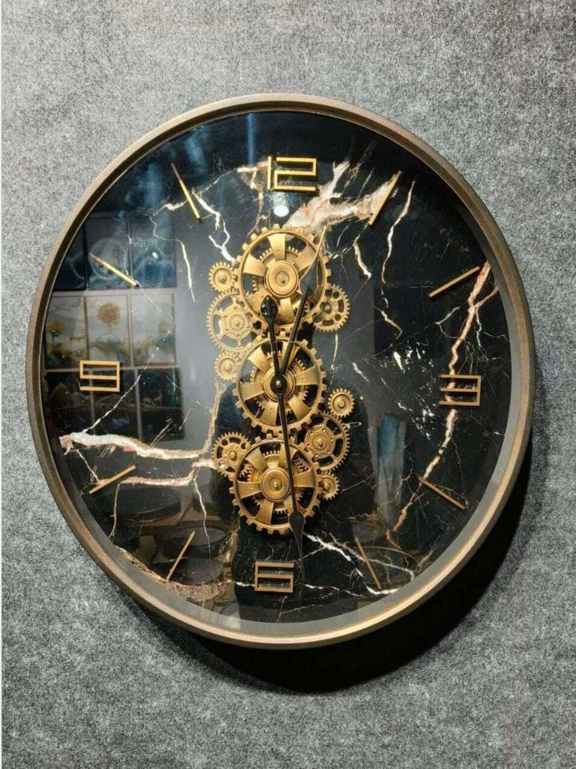 Metal Gear Wall Clocks Black Marble and Gold Moving Gear Modern Wall Clocks