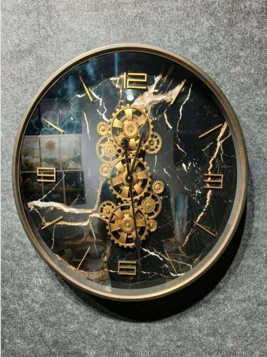 Metal Gear Wall Clocks Black Marble and Gold Moving Gear Modern Wall Clocks