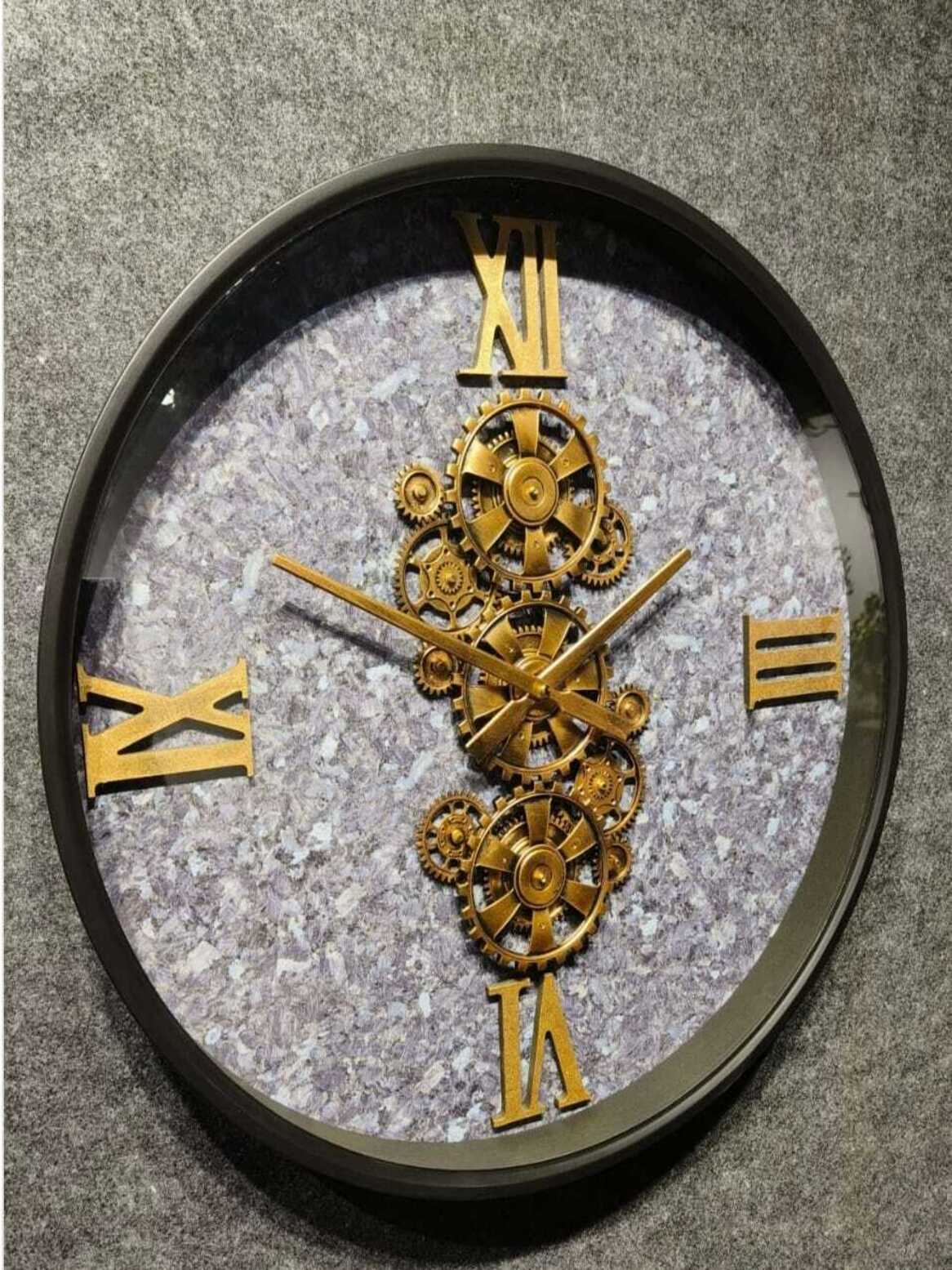 Metal Gear Wall Clocks Textured Stone & Gold Moving Gear Roman Numeral Wall Clocks