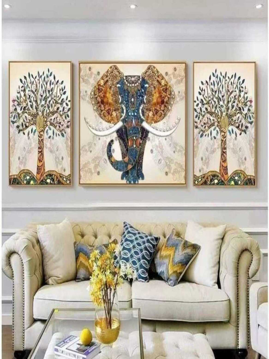 Crystal paintings Jeweled Elephant and Symbolic Trees Crystal Wall Art Set