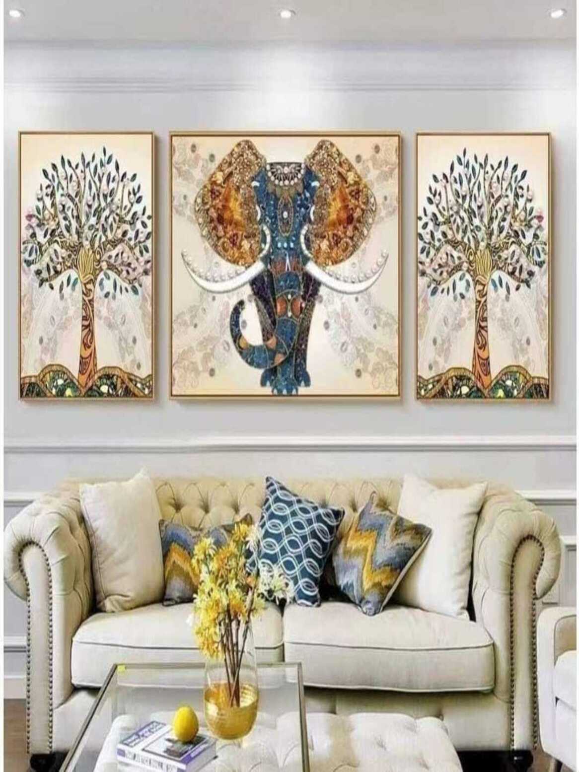 Crystal paintings Jeweled Elephant and Symbolic Trees Crystal Wall Art Set