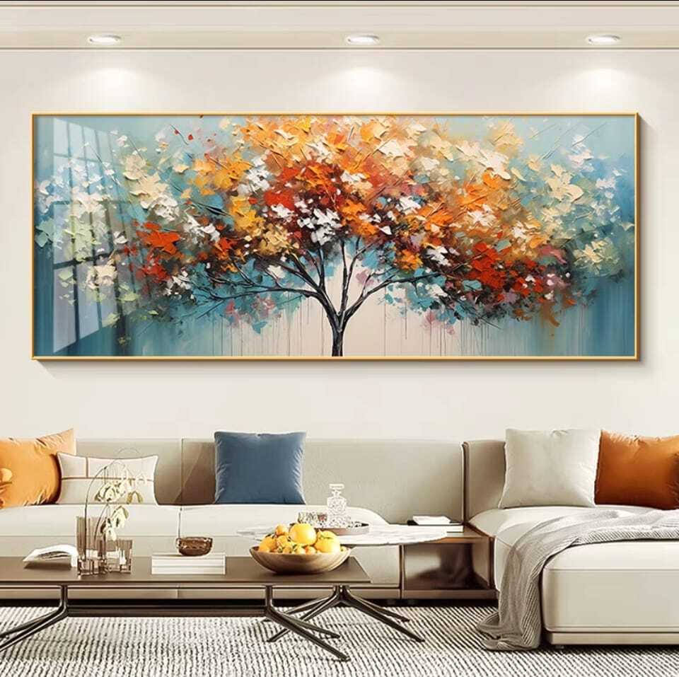 Crystal Paintings Vibrant Autumn Blossom: Hand-Painted Textured Tree Oil Painting