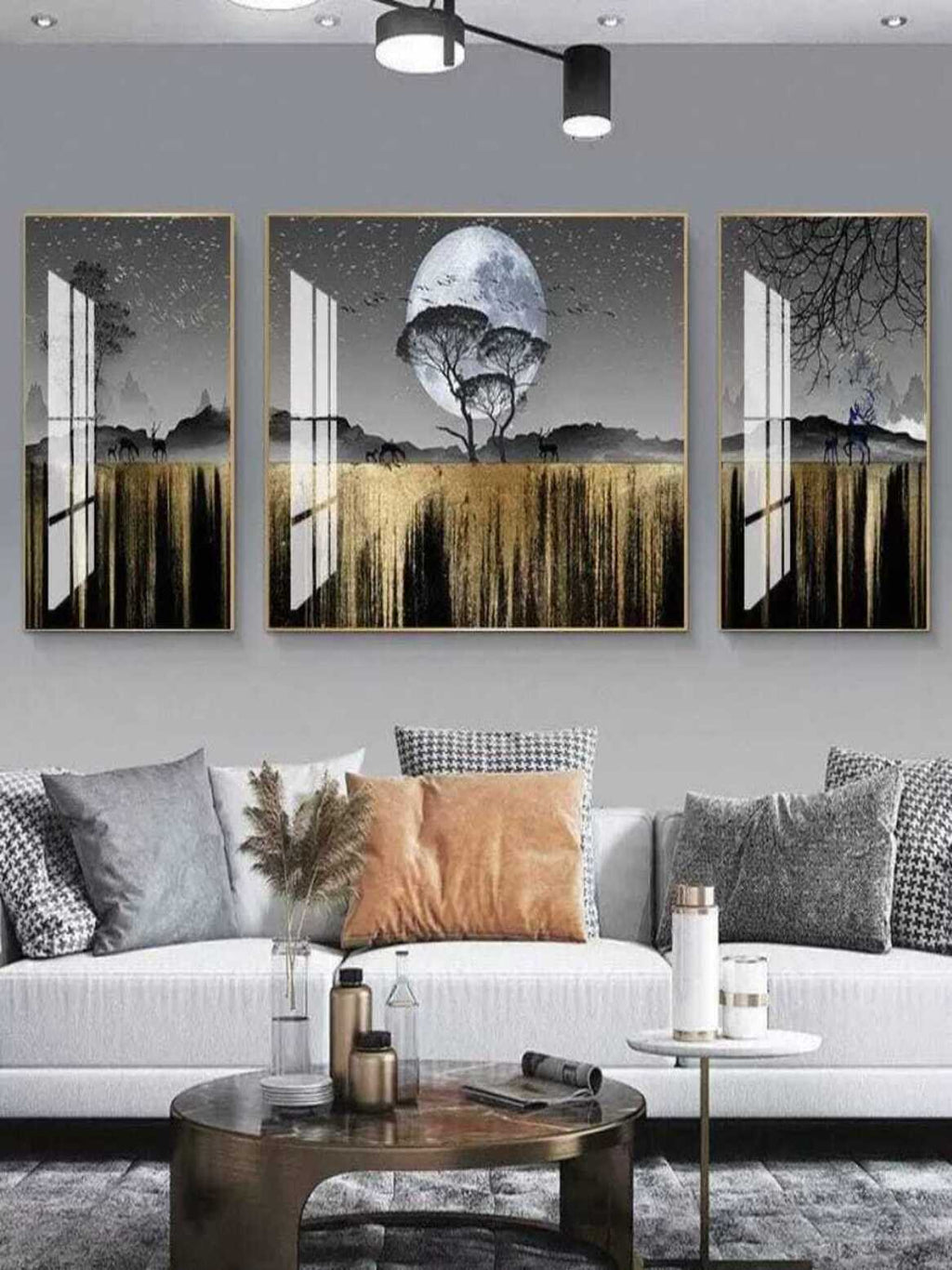 Crystal Paintings Moonlit Savannah: Golden Horizon Crystal Painting Wall Art (Set of 3)