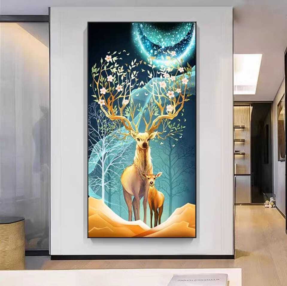Crystal Paintings Moonlit Forest Spirit: Modern Luxury Deer & Nature Wall Art