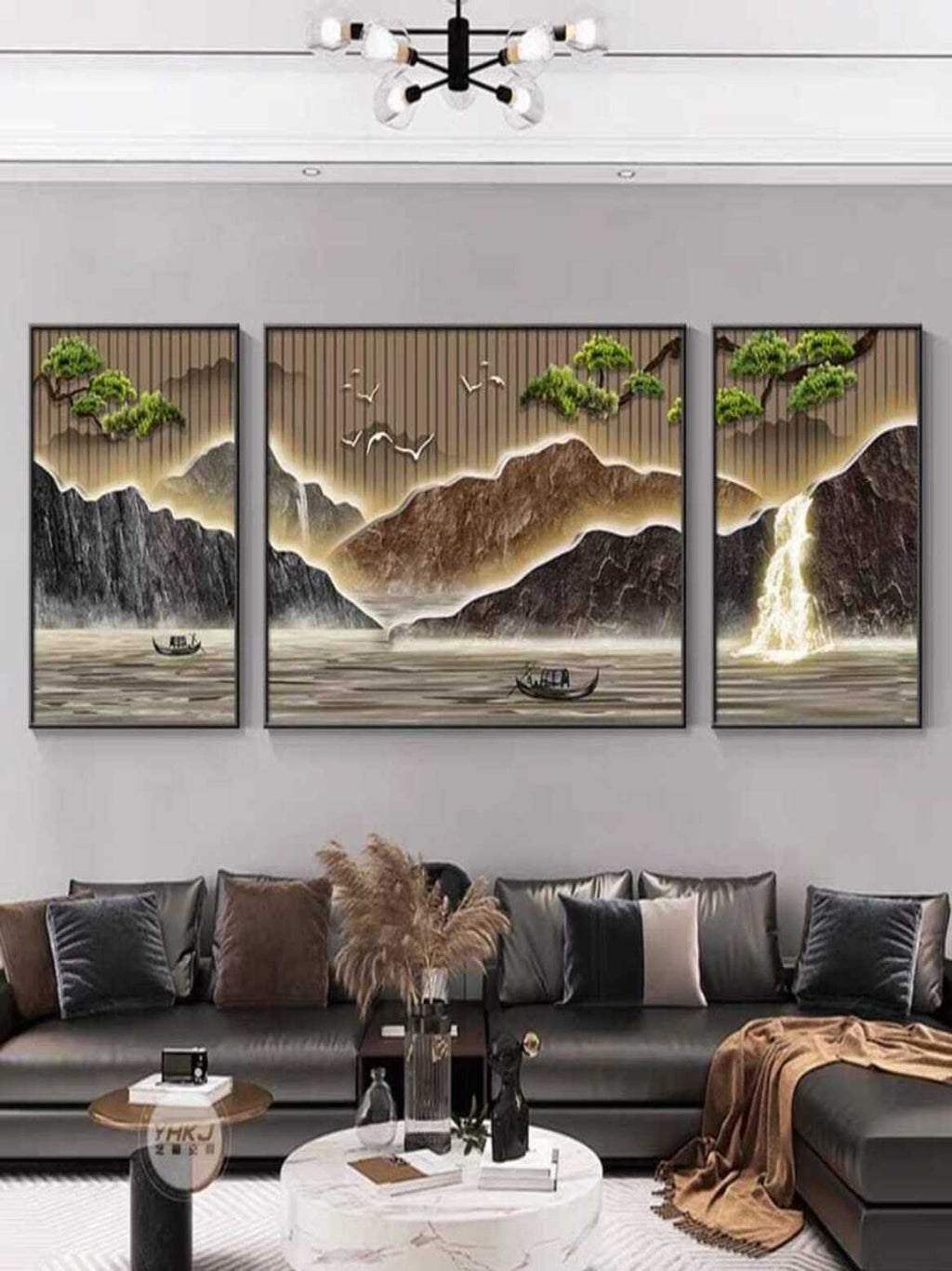 Crystal Paintings Luminous Mountain Waters: Modern Crystal Waterfall Landscape (Set of 3)