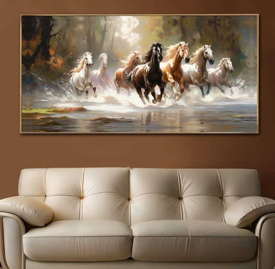 Crystal Paintings Majestic Seven Running Horses Crystal Glass Painting