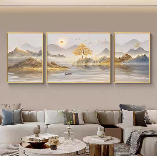 3-Piece Crystal Wall Painting - Golden Solitude