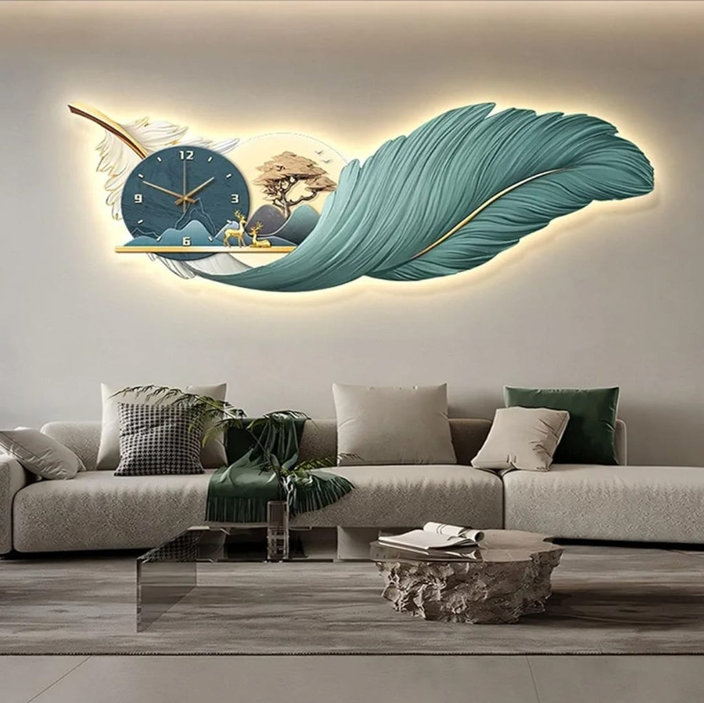 LED Crystal Wall Clock Painting – Blue Feather