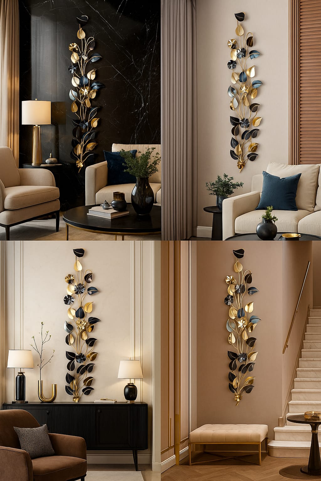 Vertical Metal Wall Art Set - Midnight Bloom Trio