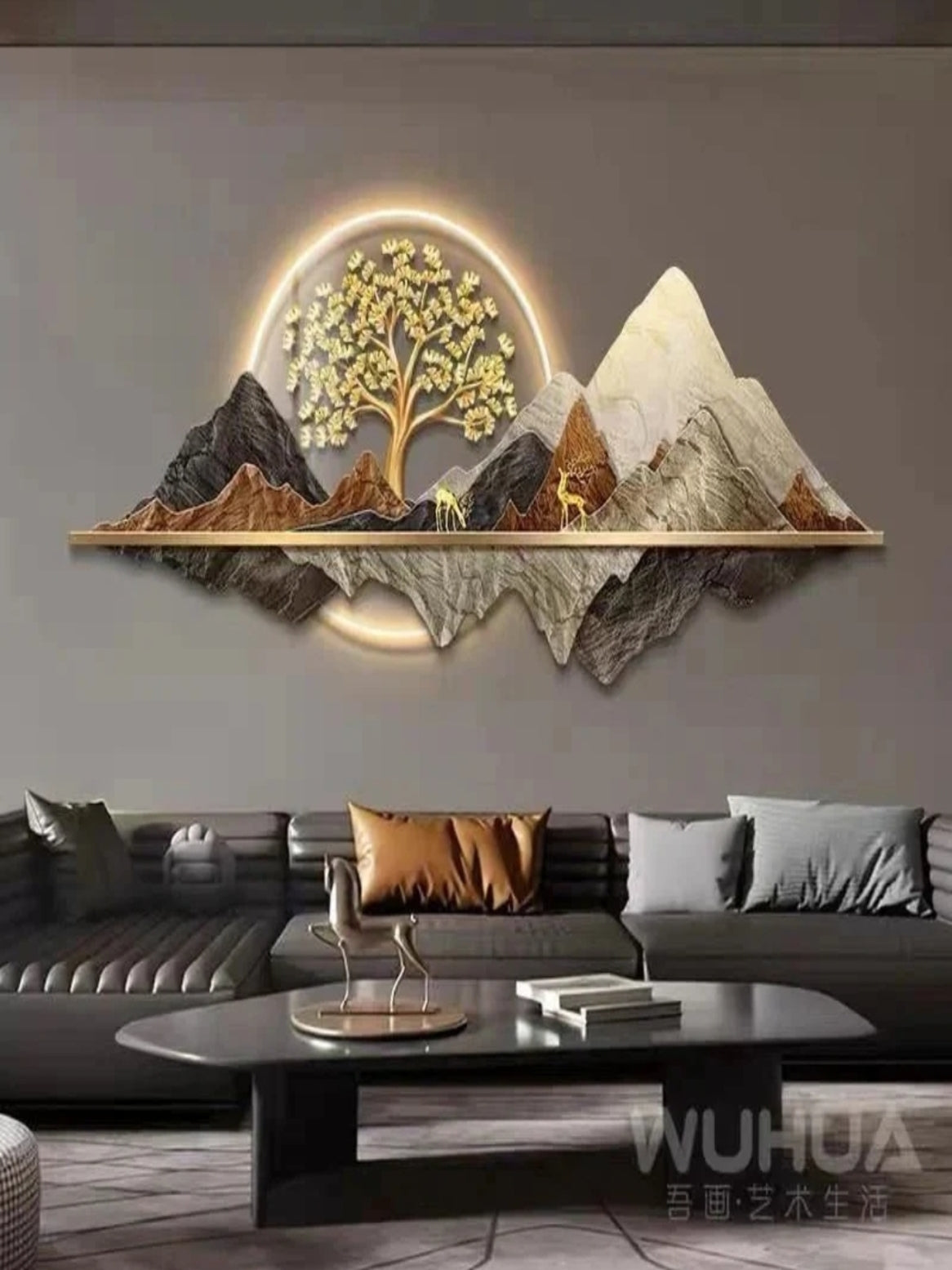 LED Crystal Paintings 3D Acrylic LED Wall Art Mountain Landscape with Golden Tree