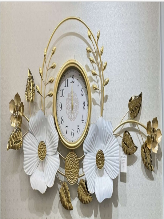 Metal Wall Clocks Elegant Floral Design with White and Gold Finish