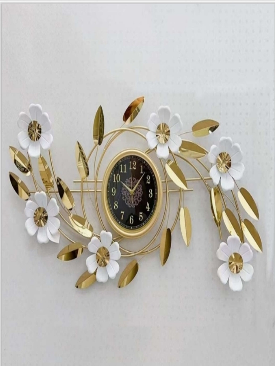 Metal Wall Clocks Luxury White Flower & Golden Leaf Designer