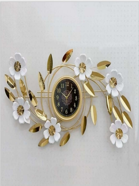 Metal Wall Clocks Luxury White Flower & Golden Leaf Designer