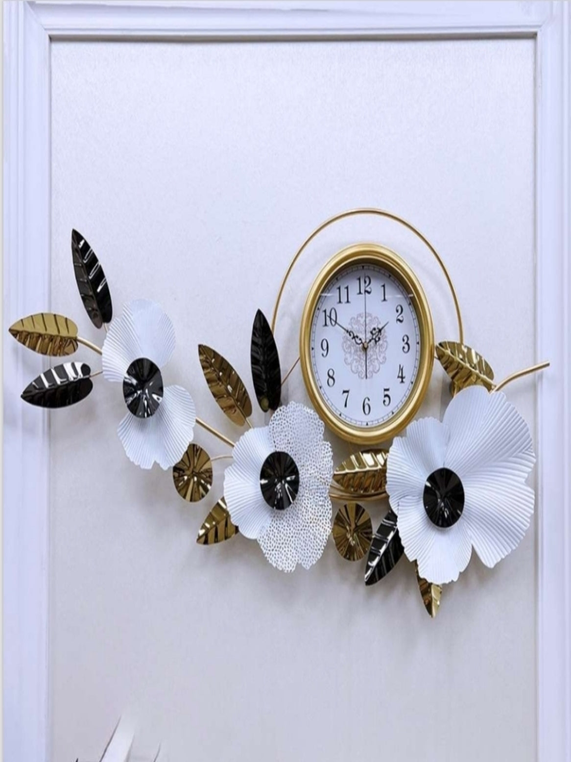 Metal Wall Clocks Modern Decorative with White & Black Floral Design
