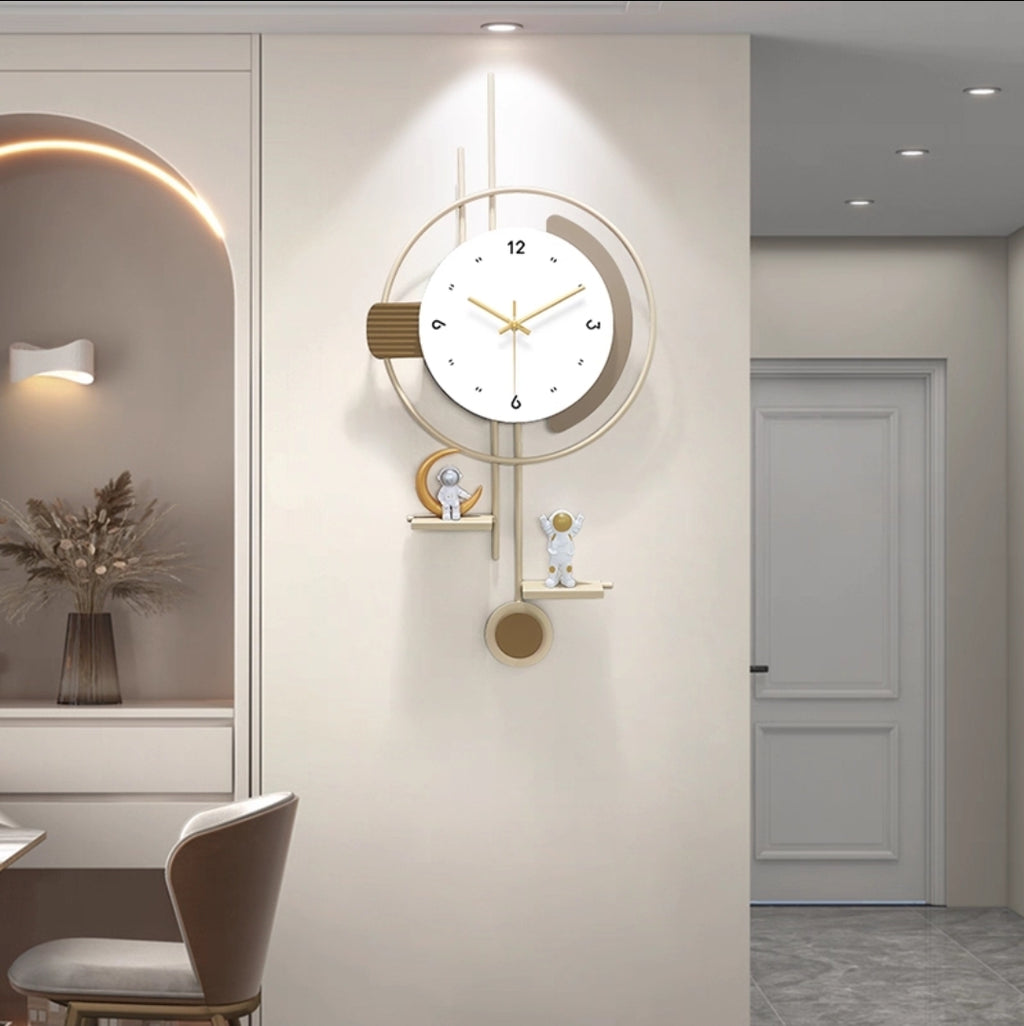 Elegant White & Brown Metal Wall Clock with Shelf