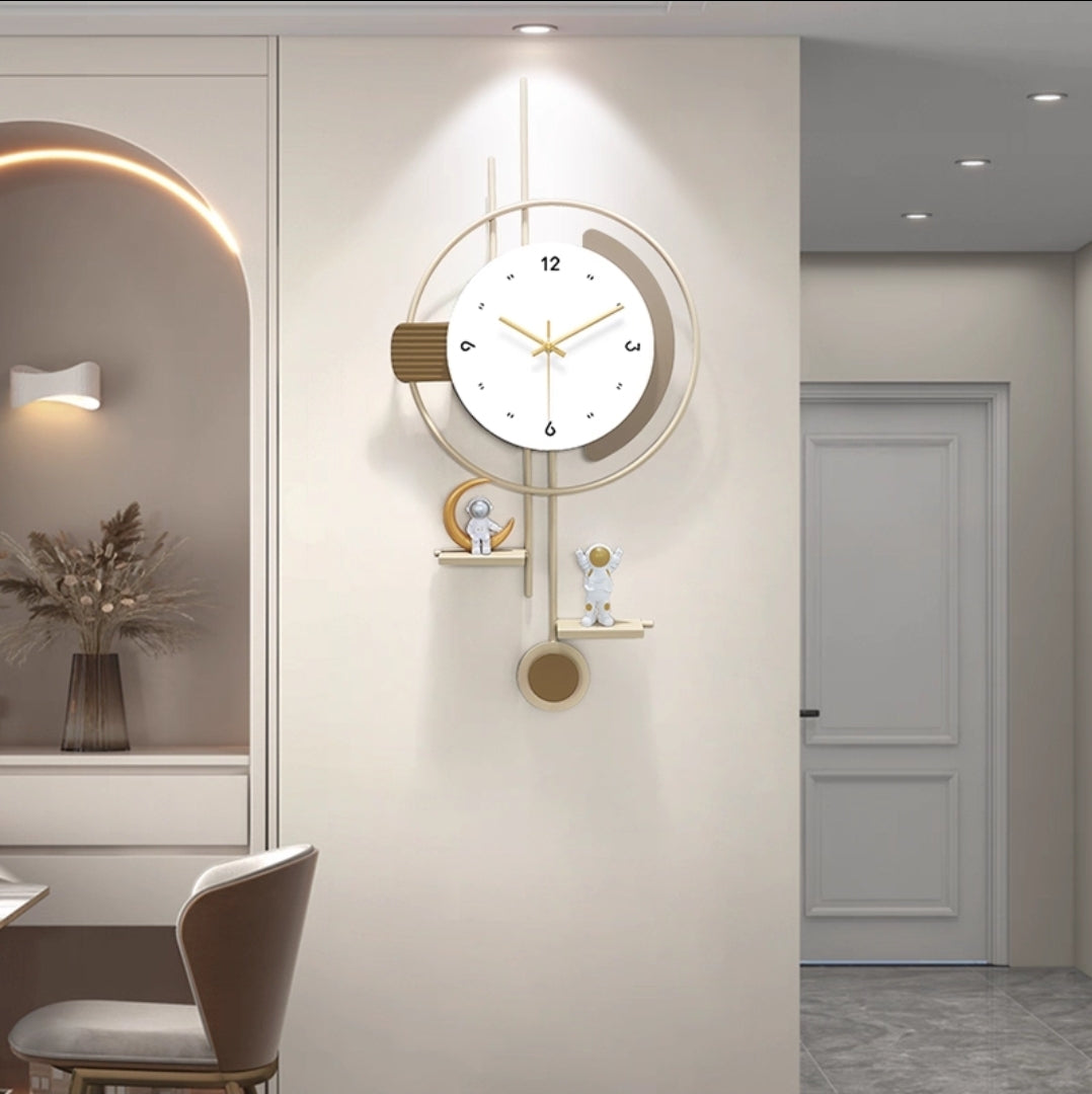 Elegant White & Brown Metal Wall Clock with Shelf