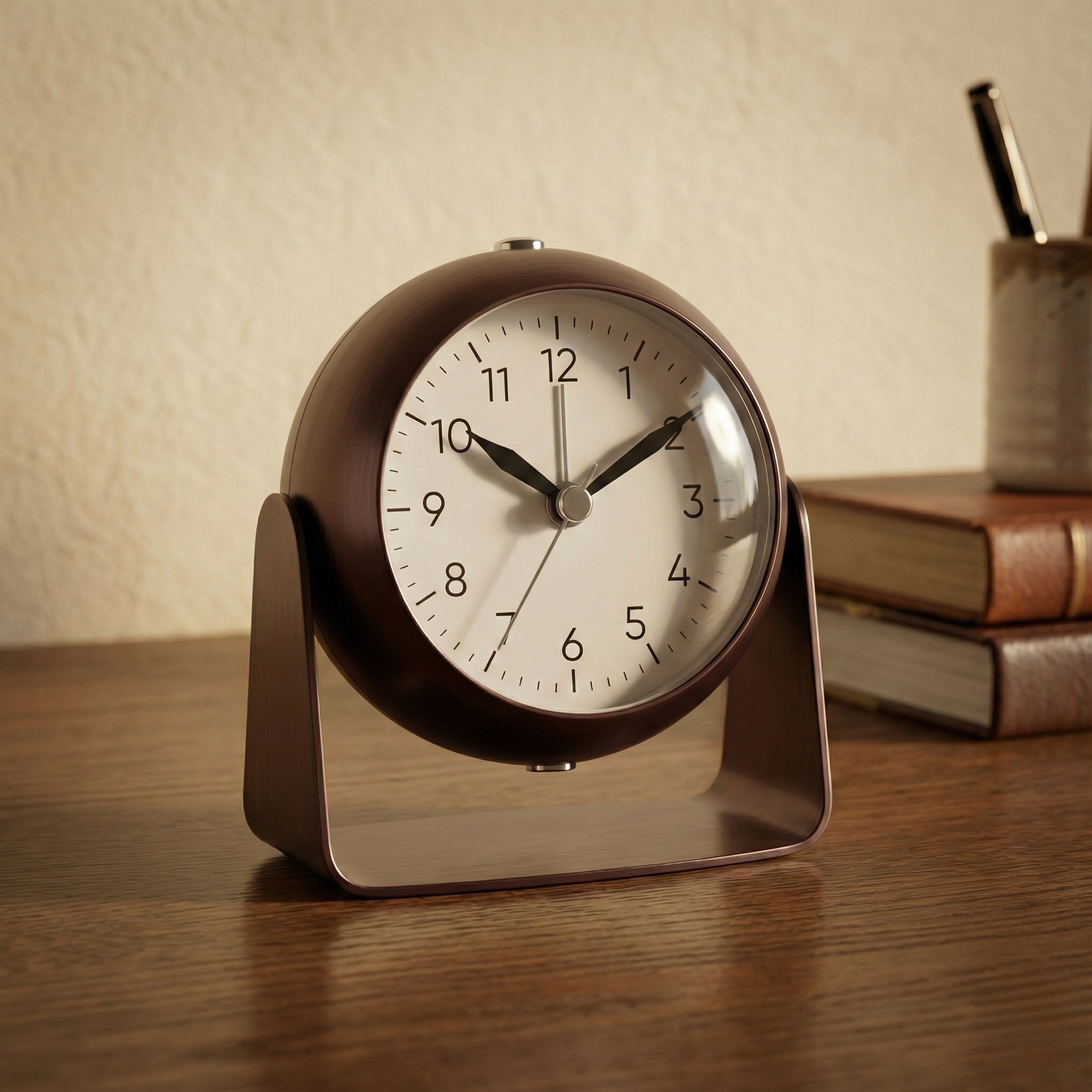 Table Clock Modern Round Analog Alarm Clock with U-Shaped Stand