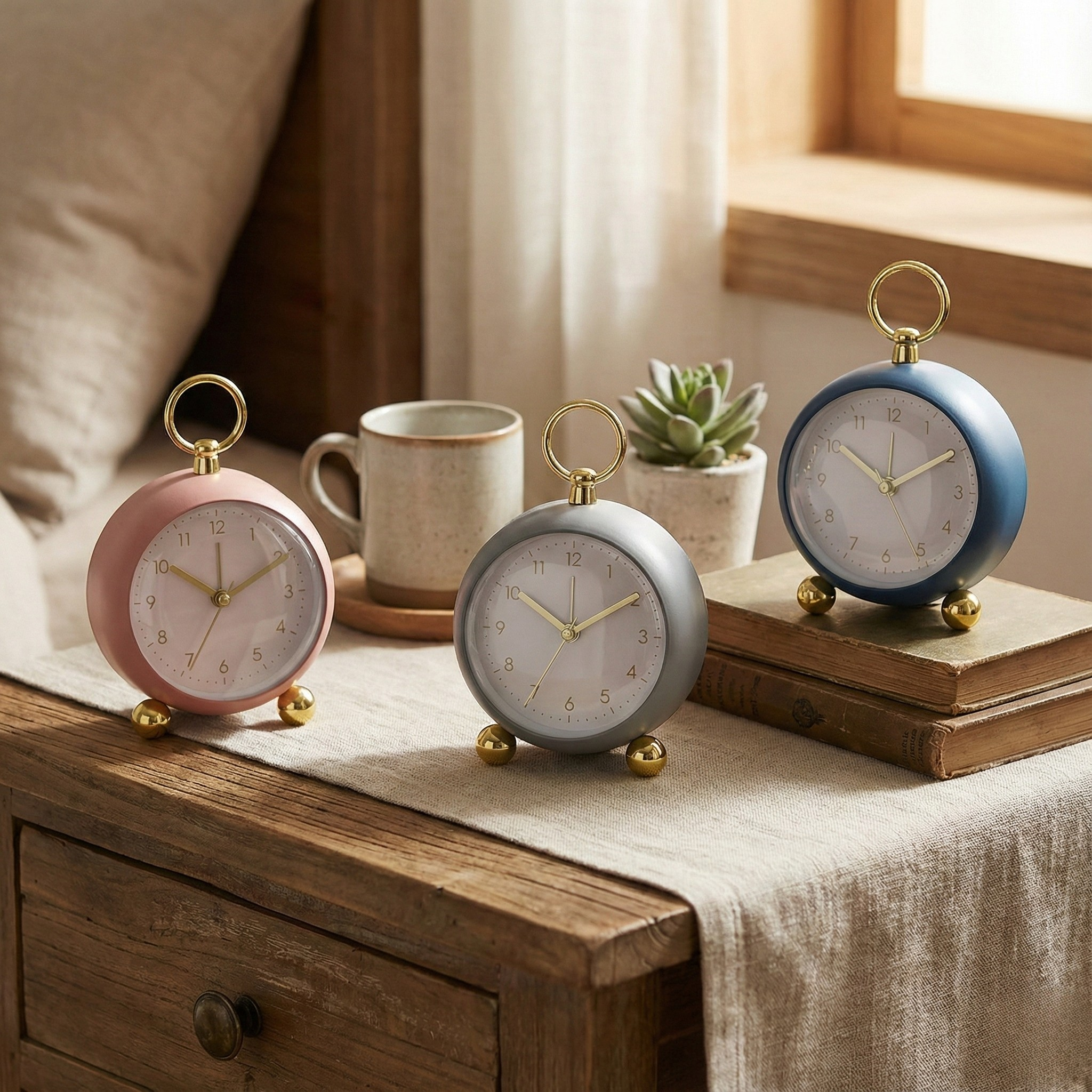 Table Clock Modern Minimalist Round Analog Alarm Clock with Golden Accents