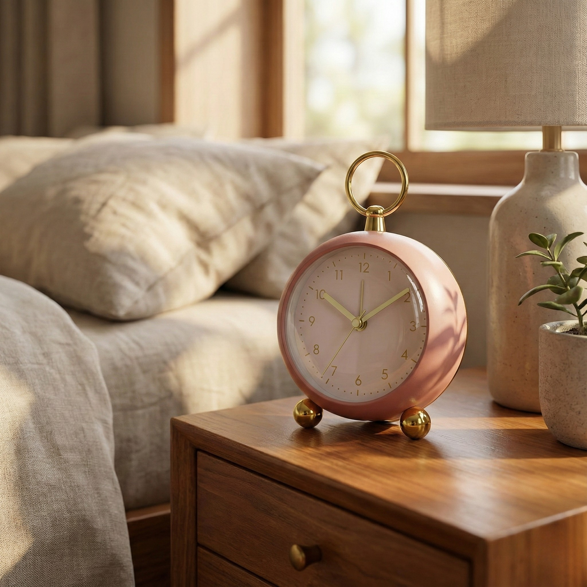 Table Clock Modern Minimalist Round Analog Alarm Clock with Golden Accents