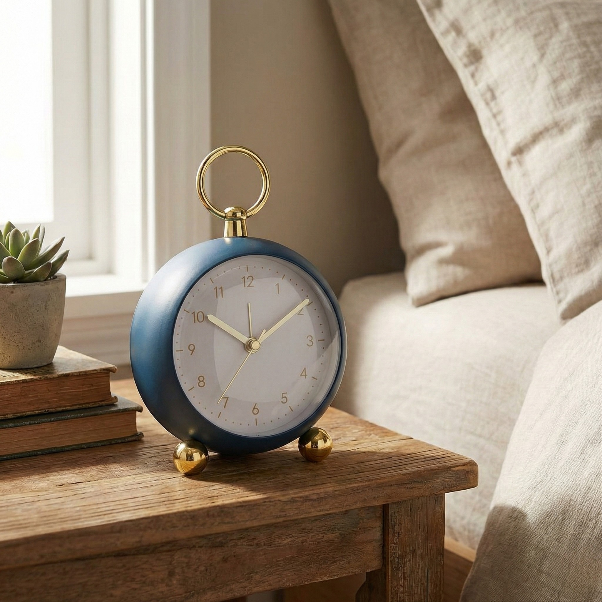 Table Clock Modern Minimalist Round Analog Alarm Clock with Golden Accents