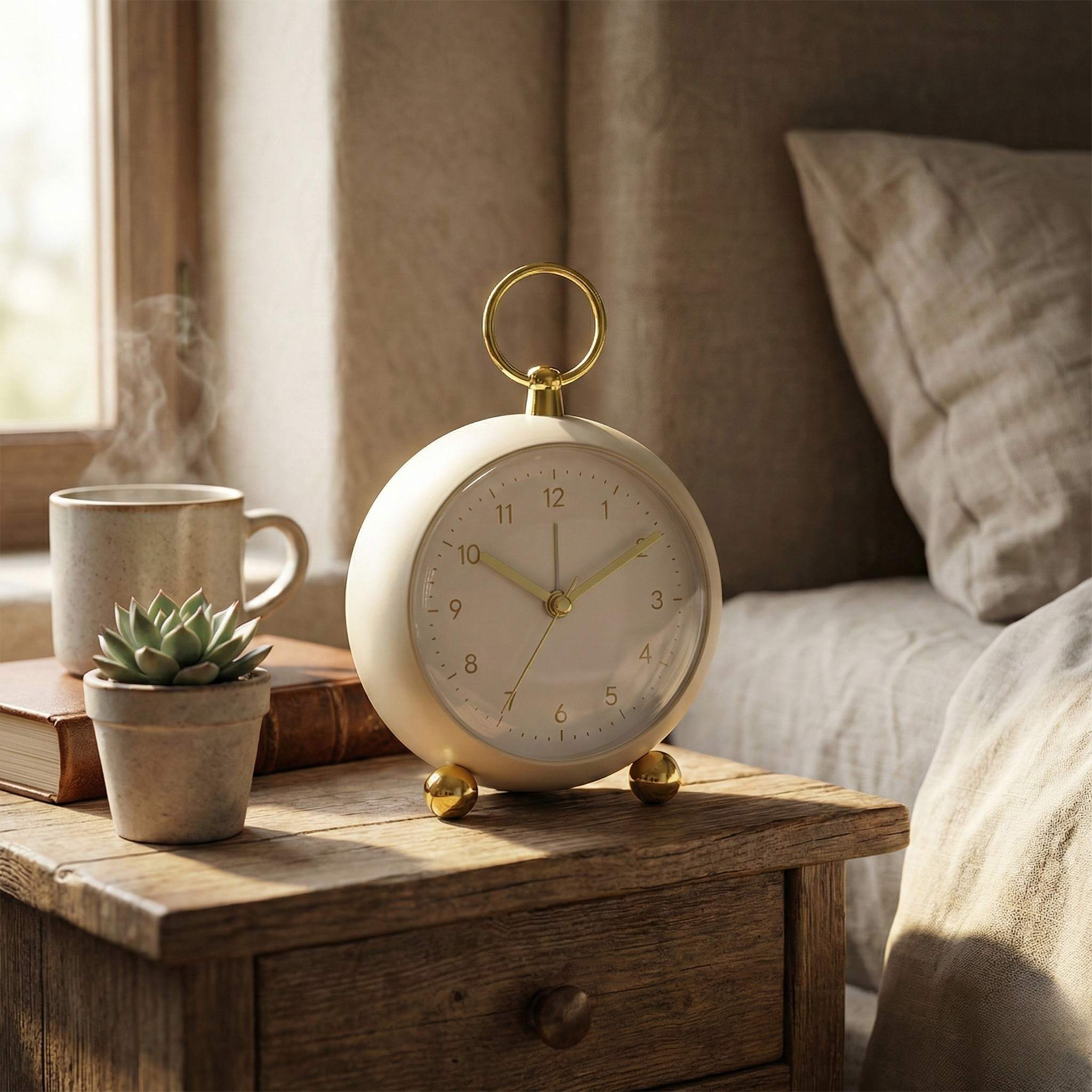 Table Clock Modern Minimalist Round Analog Alarm Clock with Golden Accents