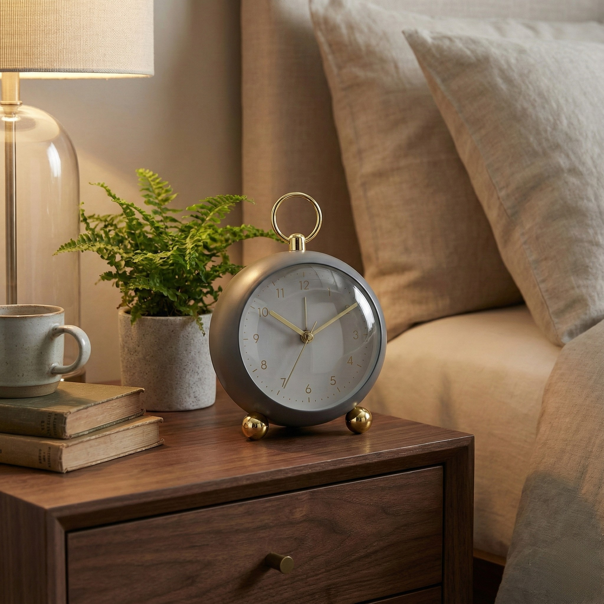 Table Clock Modern Minimalist Round Analog Alarm Clock with Golden Accents