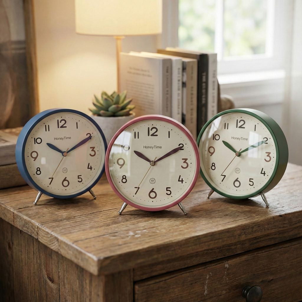 Table Clock Classic Round Analog Alarm Clock with Tripod Stand