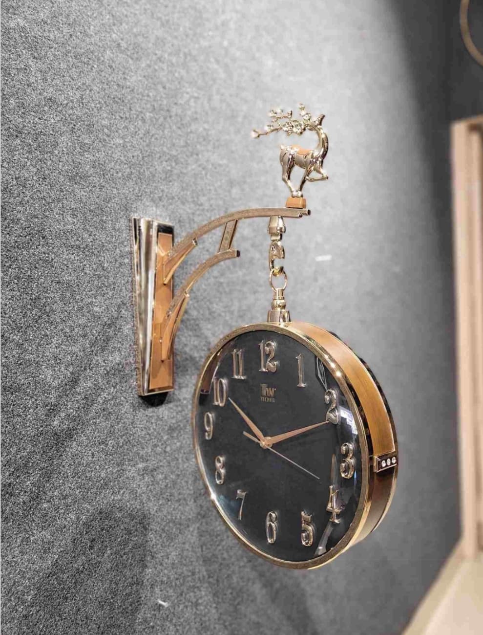 Vintage Dual Dial Hanging Clock – Black & Gold, Modern Numerals