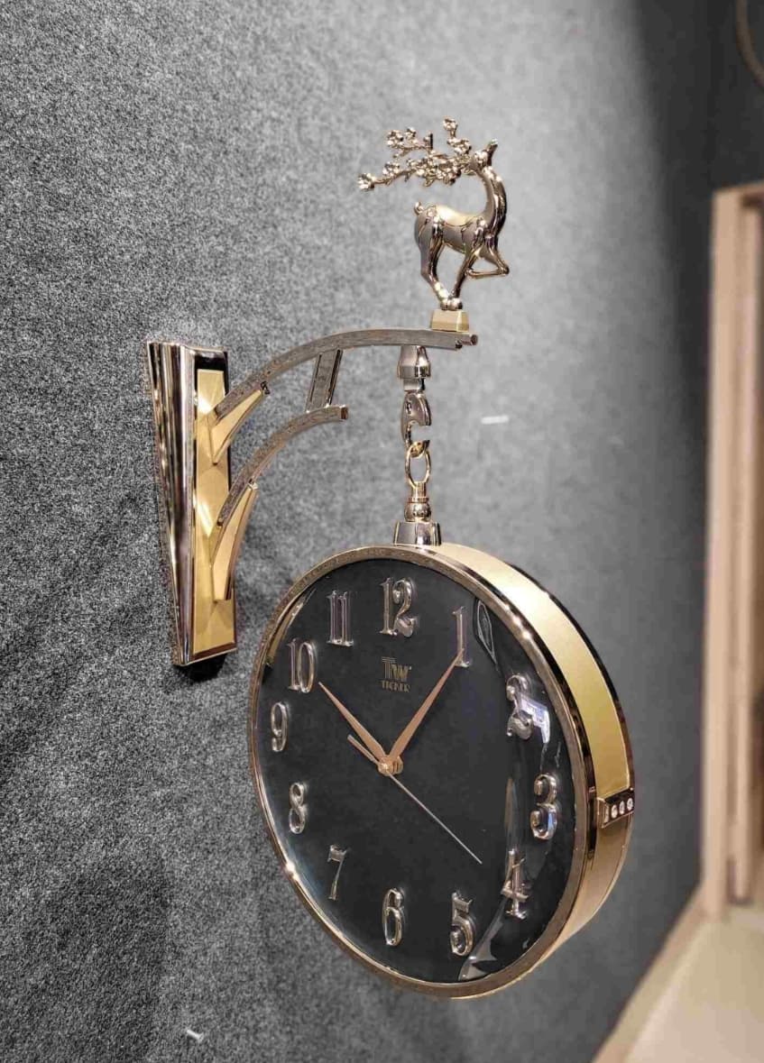 Vintage Dual Dial Hanging Clock – Black & Gold, Ornate Antler Crest