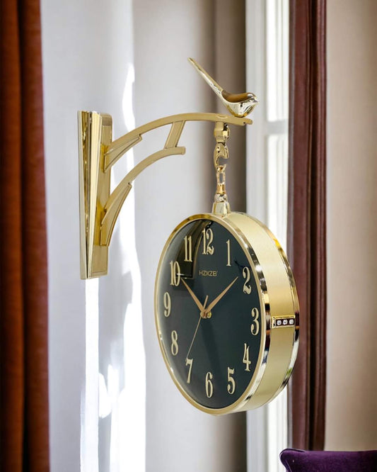 Vintage Dual Dial Hanging Clock – Deep Green & Gold, Songbird Accent