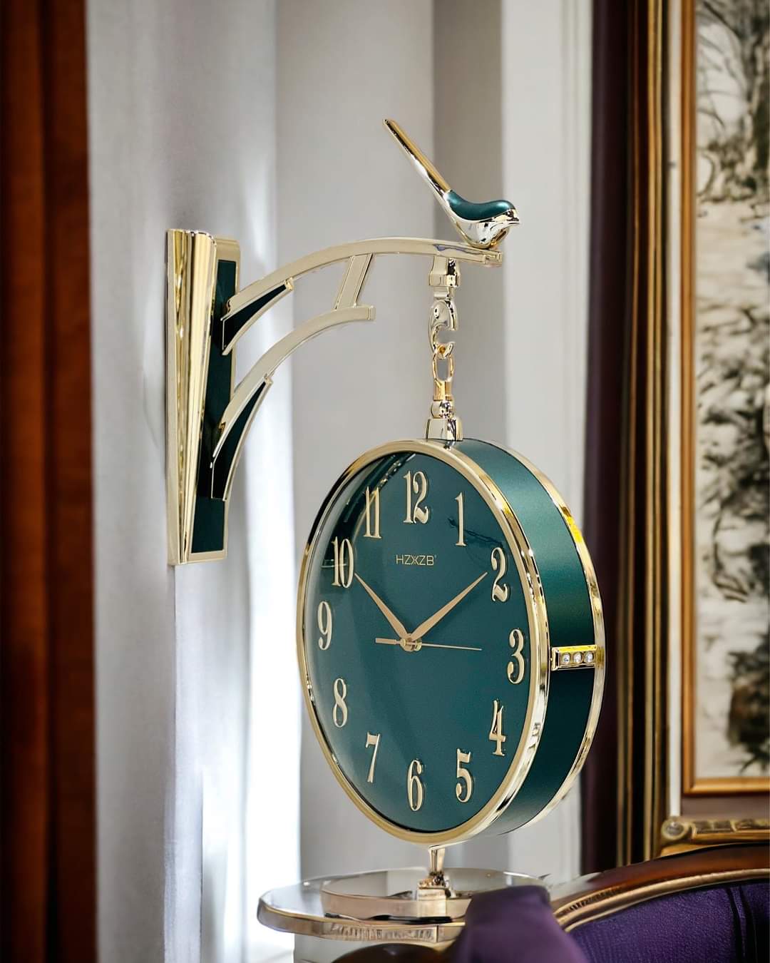 Vintage Dual Dial Hanging Clock – Emerald Green & Gold, Artistic Touch