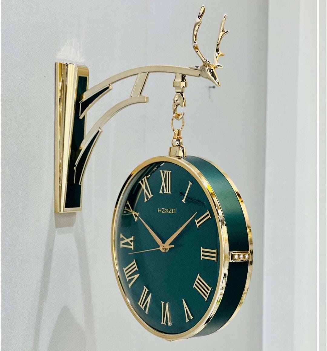 Vintage Dual Dial Hanging Clock – Emerald Green & Gold, Regal Finish
