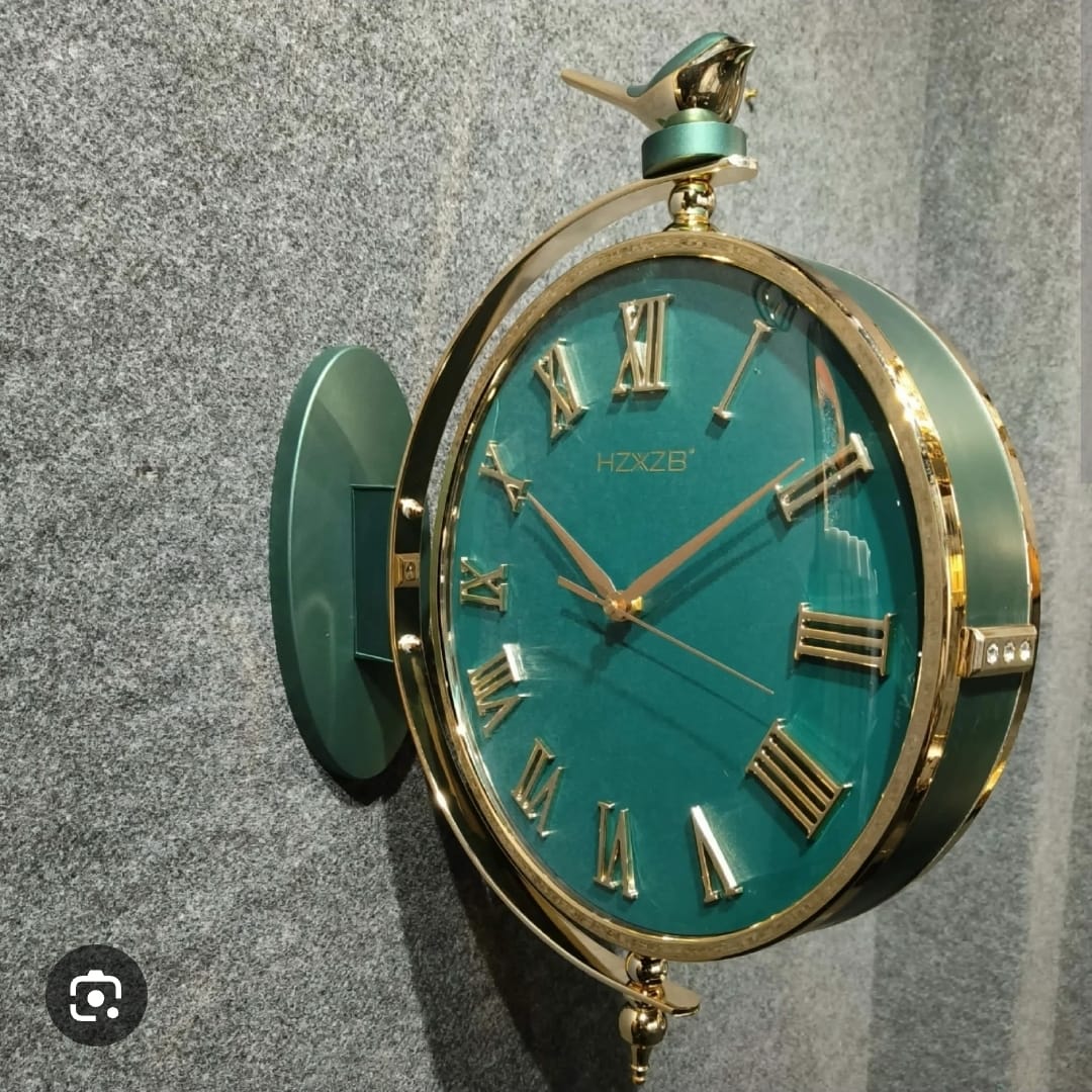 Vintage Dual Dial Hanging Clock – Emerald Green & Gold, Songbird Accent