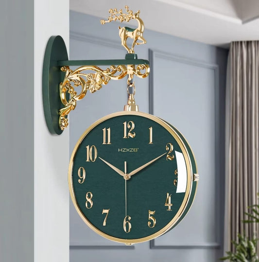 Vintage Dual Dial Hanging Clock – Emerald Green & Gold with Sculpted Detailing