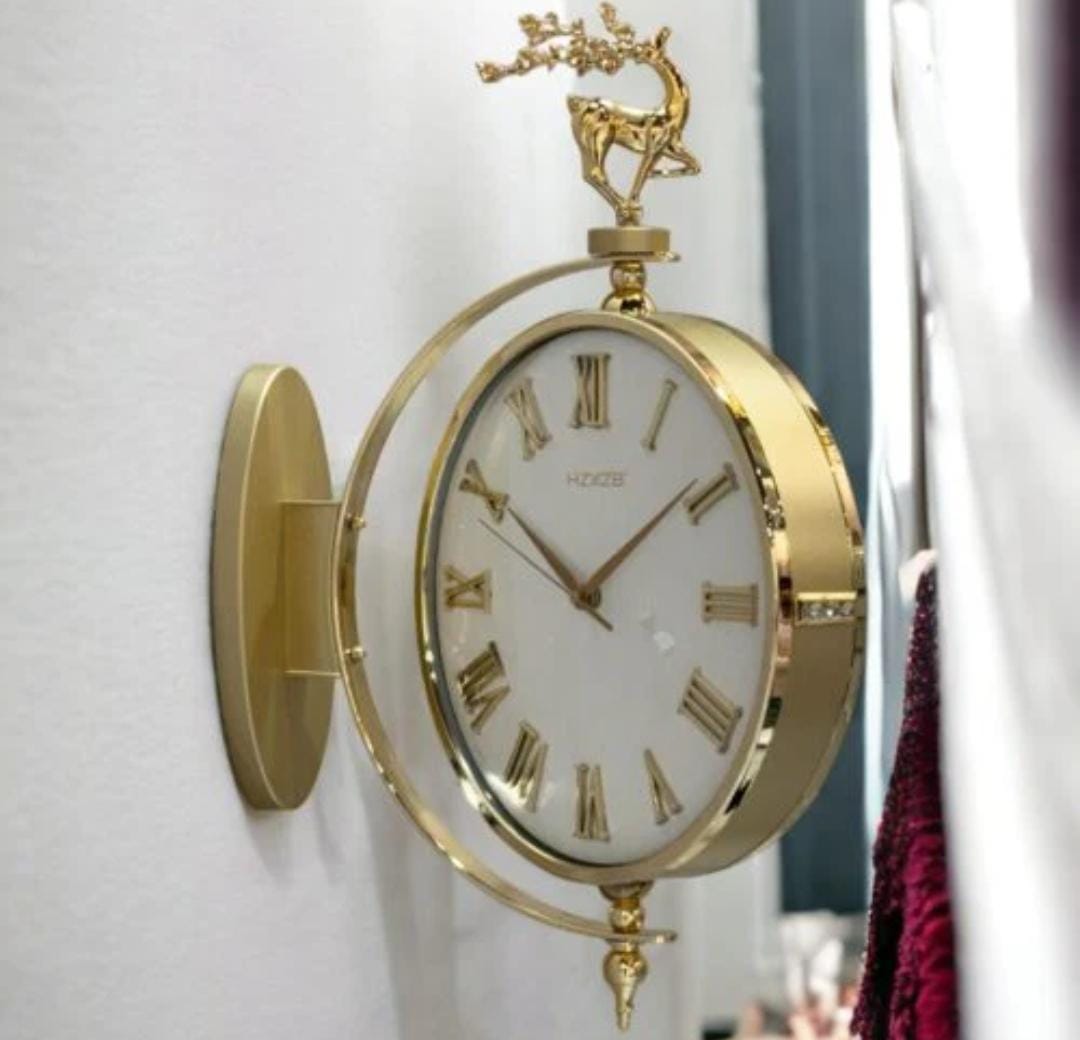 Vintage Dual Dial Hanging Clock – Gold & White with Roman Numerals