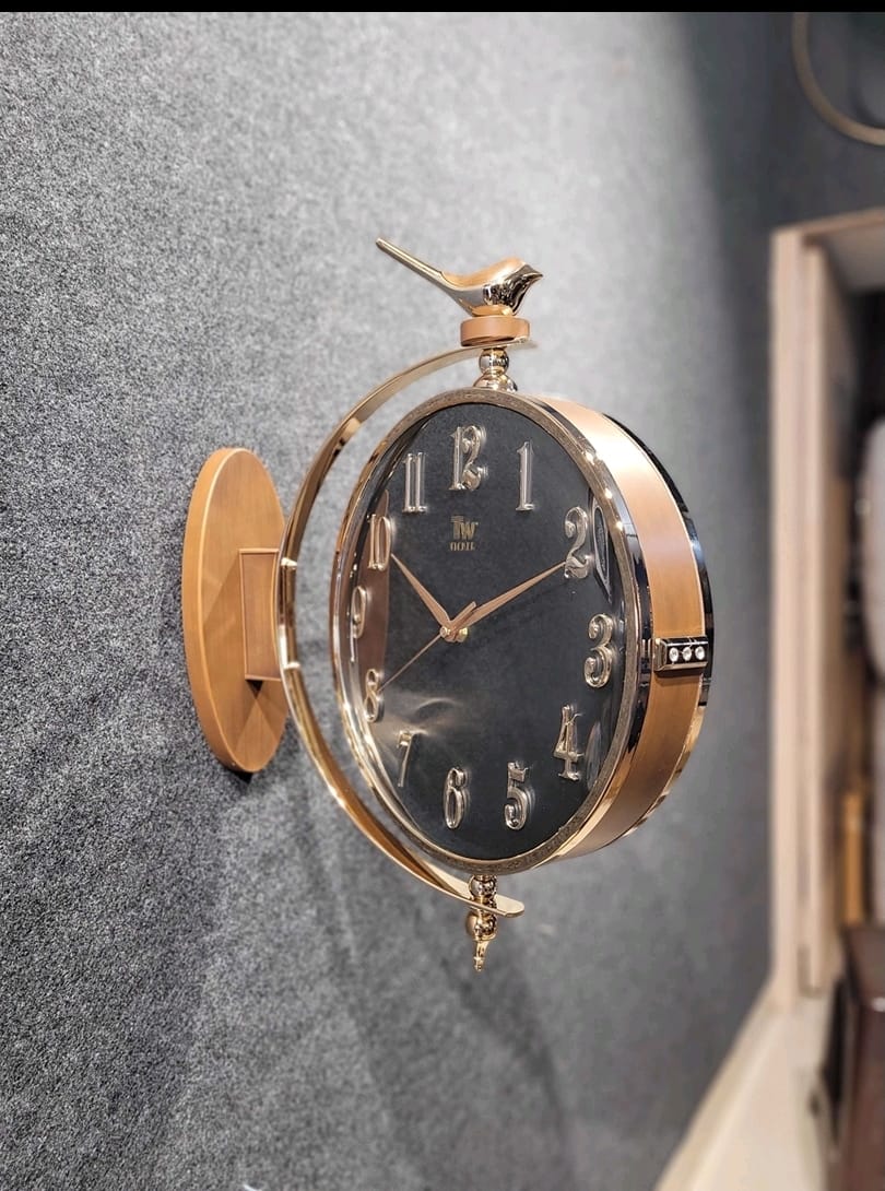 Vintage Dual Dial Hanging Clock – Matte Black & Gold, Songbird Accent