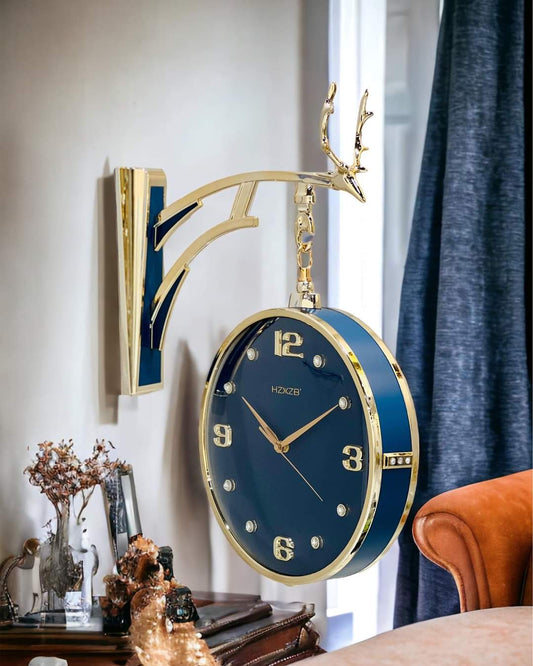 Vintage Dual Dial Hanging Clock – Navy Blue & Gold, Antler Crest