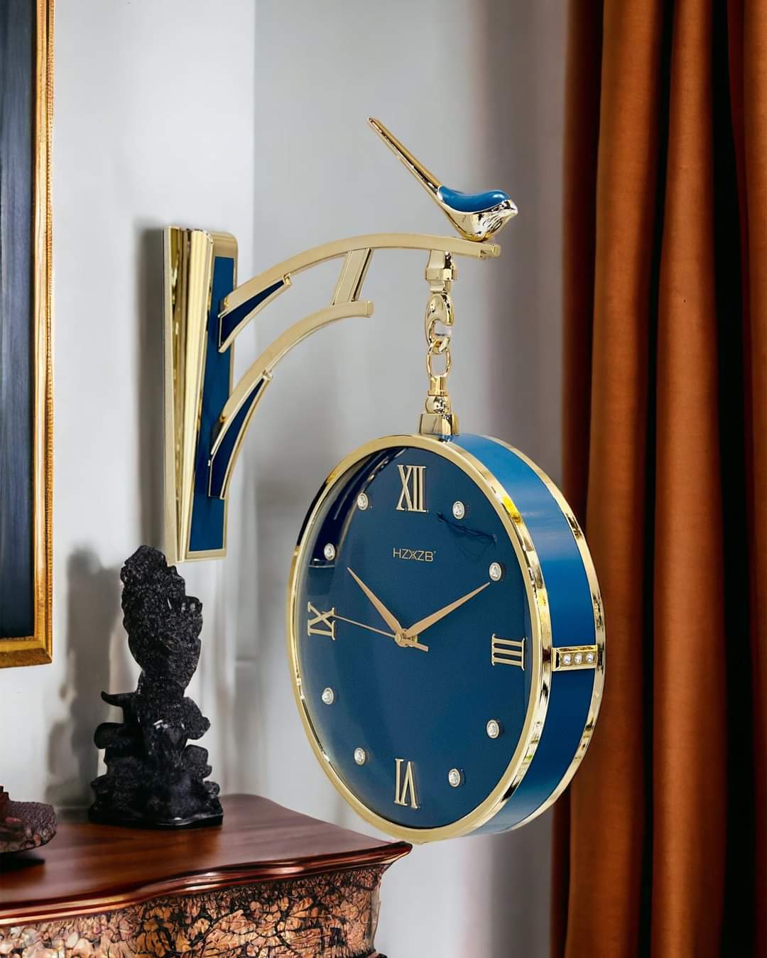 Vintage Dual Dial Hanging Clock – Royal Blue & Gold with Bird Accent