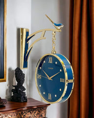 Vintage Dual Dial Hanging Clock – Royal Blue & Gold with Bird Accent