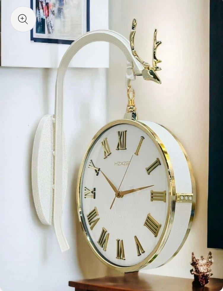 Vintage Dual Dial Hanging Clock – White Gold with Stag Bracket and Roman Numerals