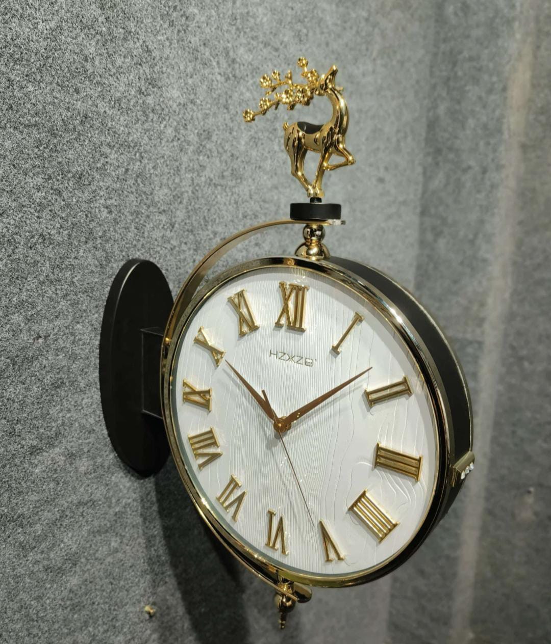 Vintage Dual Dial Hanging Clock – White & Gold Roman Numeral with Black Mount