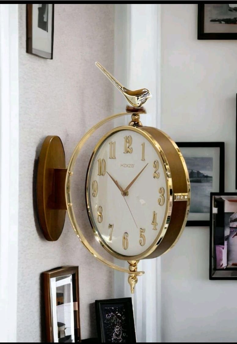 Vintage Dual Dial Hanging Clock – White & Gold, 3D Hour Markers & Bird Topper