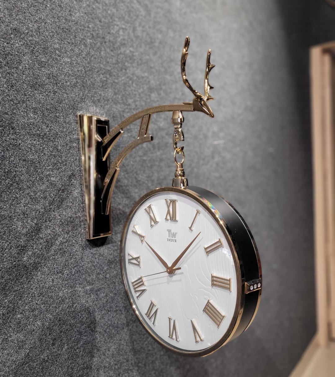 Vintage Dual Dial Hanging Clock – White & Gold, Antler Accent