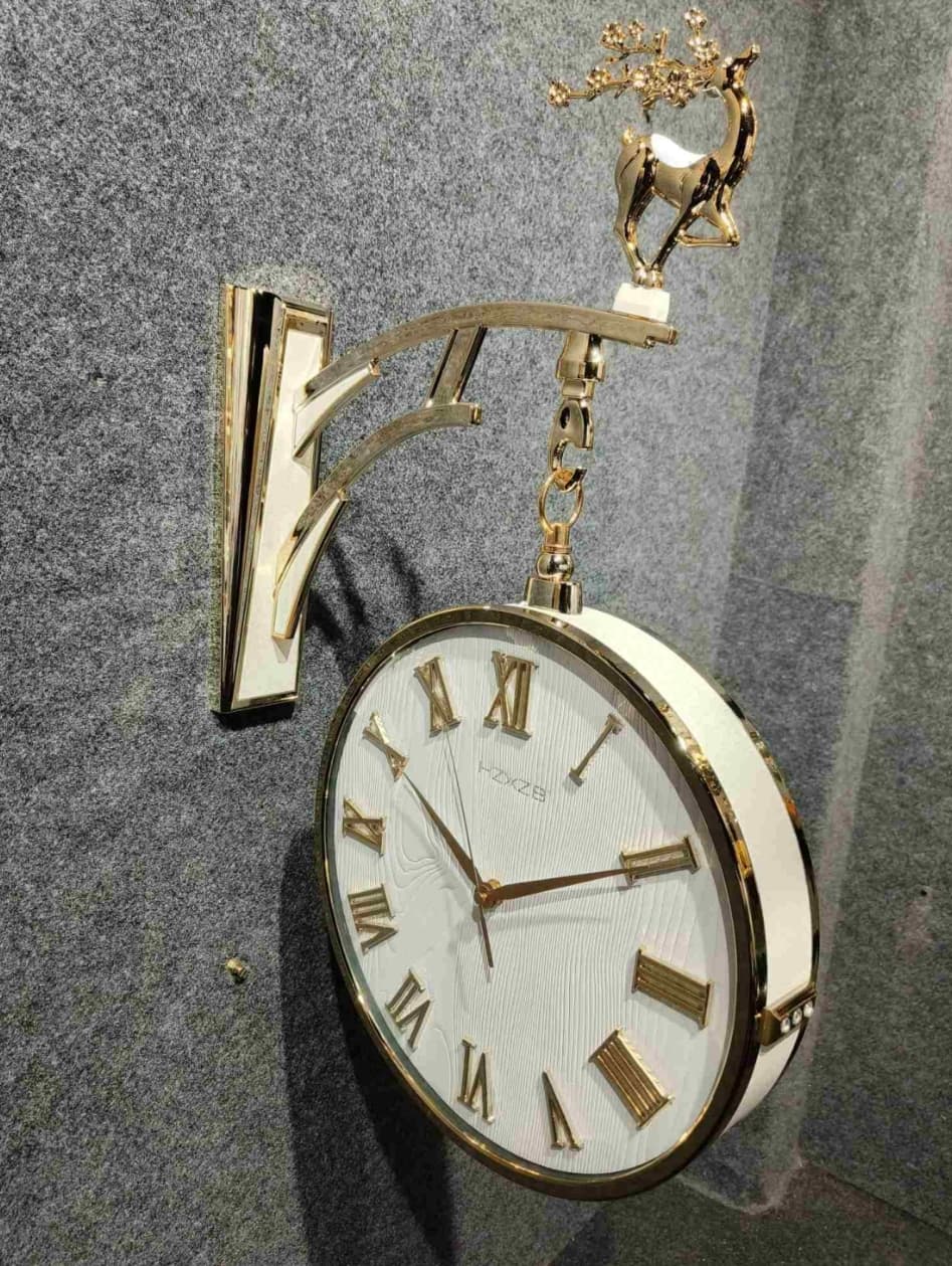 Vintage Dual Dial Hanging Clock – White & Gold, Antler Topper