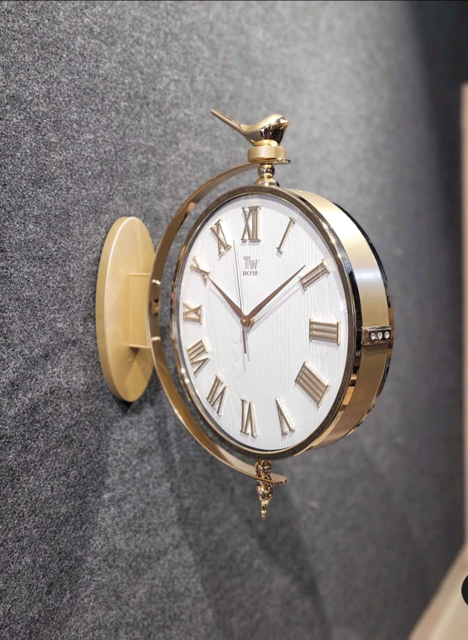 Vintage Dual Dial Hanging Clock – White & Gold, Roman Numeral Design