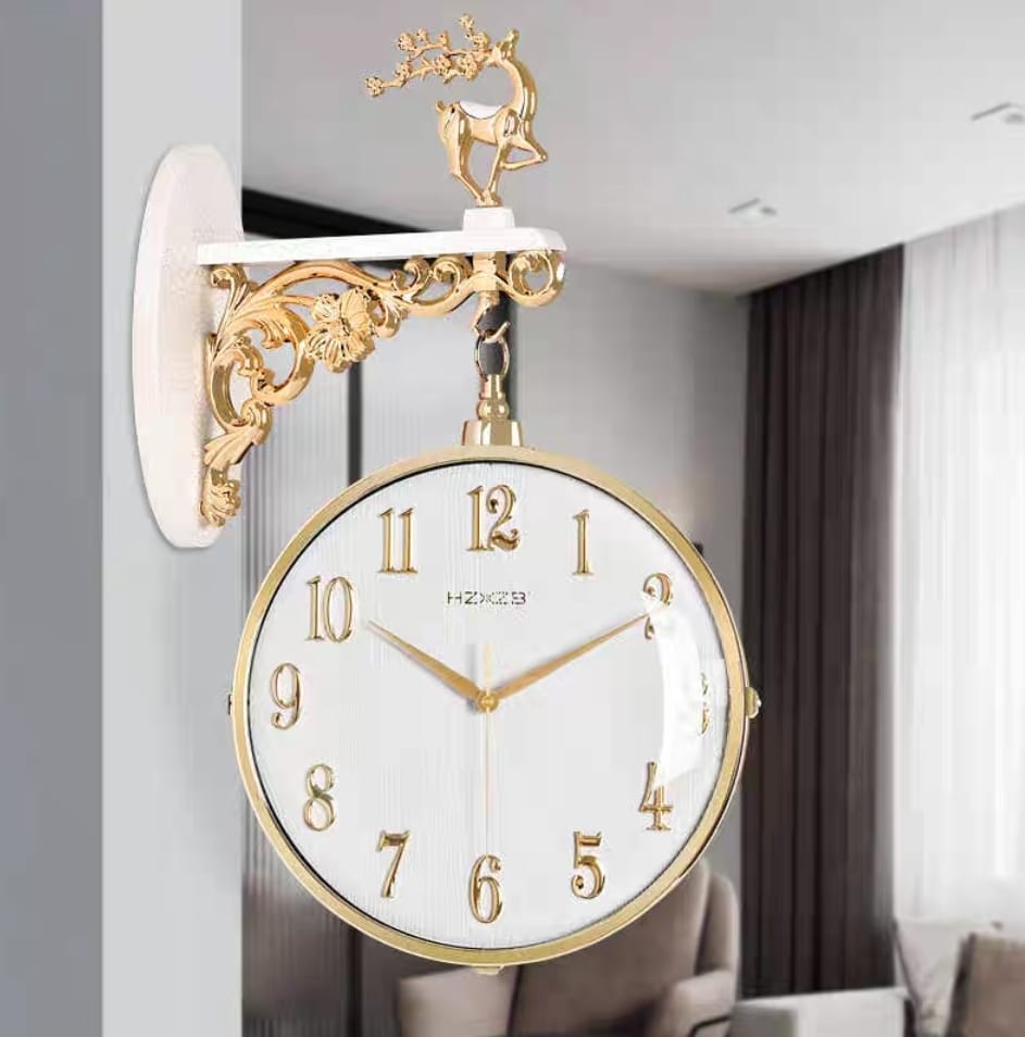 Vintage Dual Dial Hanging Clock – White & Gold with White Mount