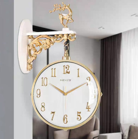 Vintage Dual Dial Hanging Clock – White & Gold with White Mount