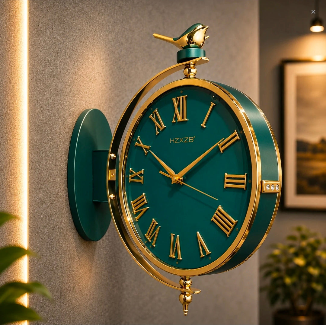 Vintage Dual Dial Hanging Clock – Roman Numeral & Songbird Topper Design