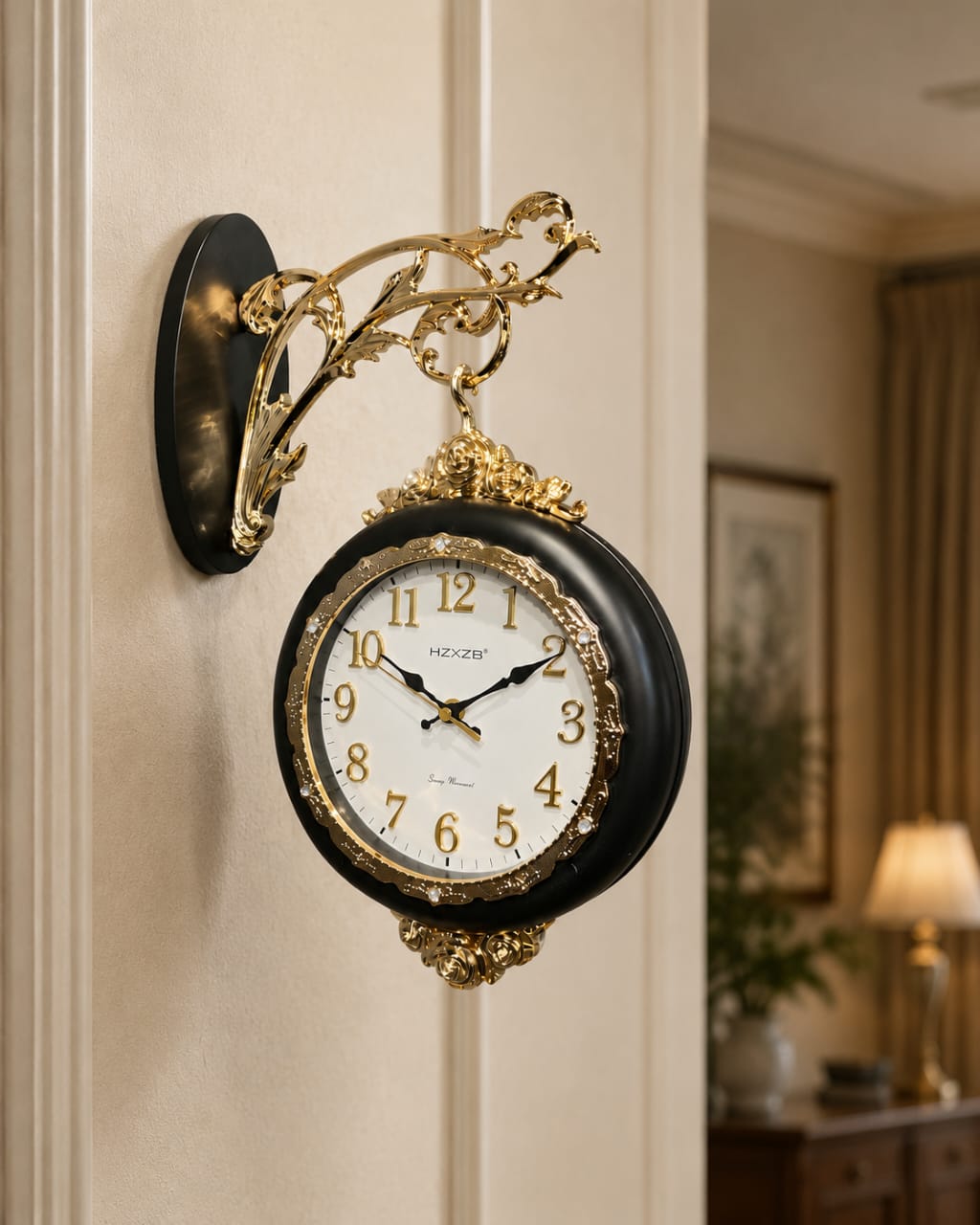 Dual Dial Hanging Wall Clock - Luxury Black & Gold Decorative Clock